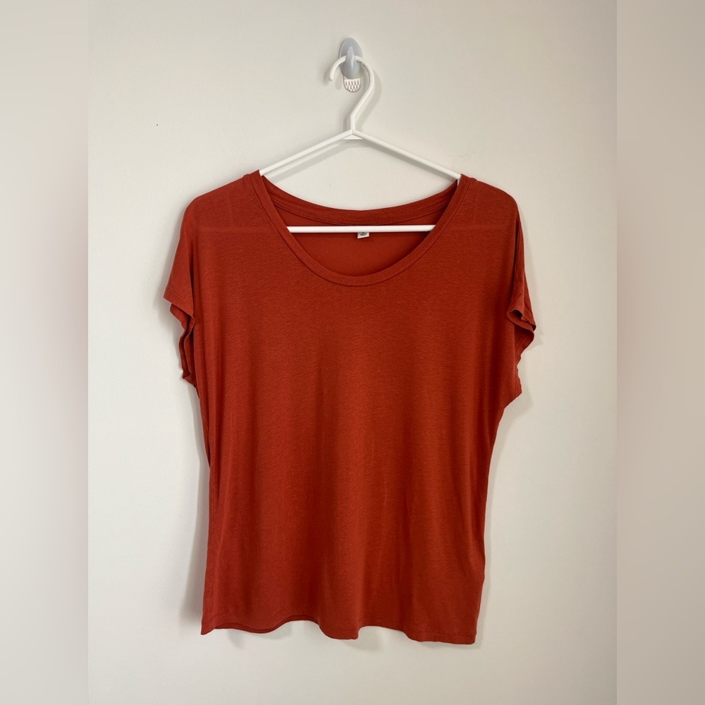Uniqlo Women's Orange Red Oversized Linen Blend T-Shirt Loose Tee Size XS